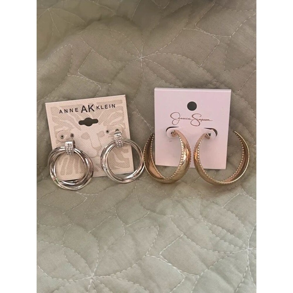 NWT Anne Klein & Jessica Simpson Hoop Earrings Set of 2 Pairs Silver Gold